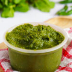 Mint and Coriander Green Chutney in a bowl over a red and white kitchen napkin with herbs in background