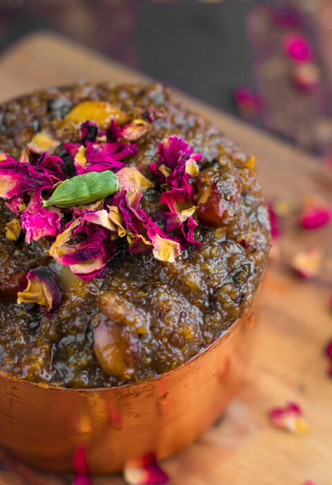 Chaulai Amaranth Halwa in a copper bowl on a wooden surface
