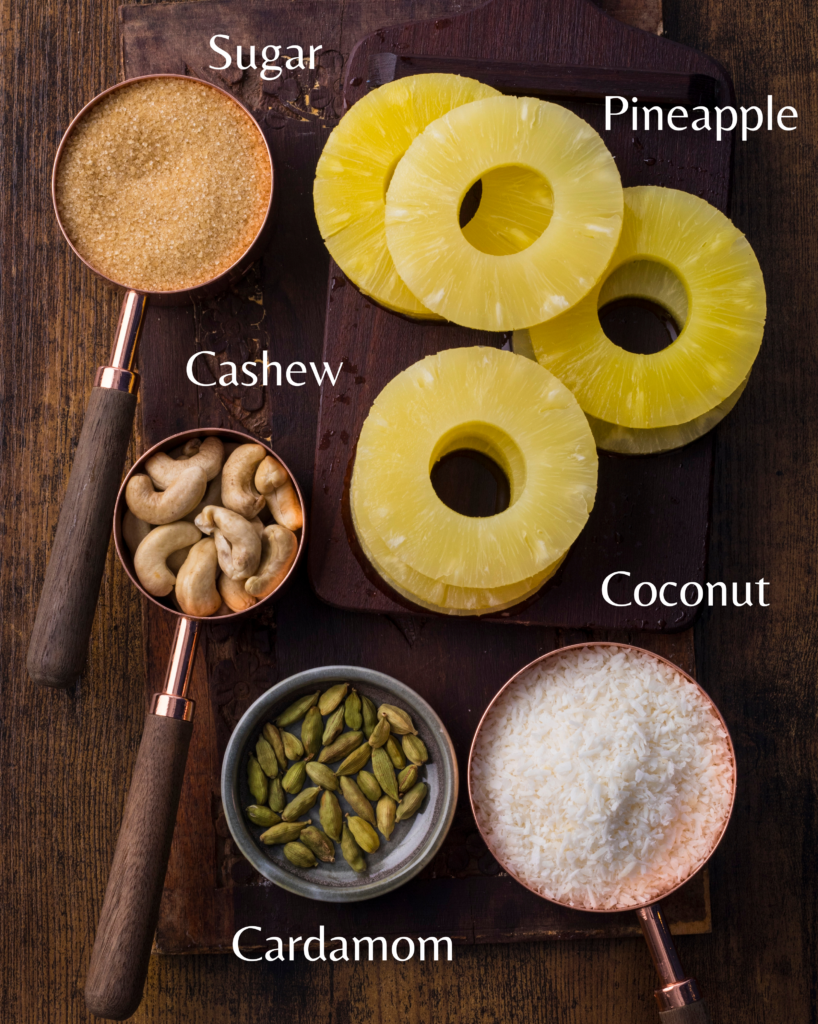 All 5 ingredients used to make vegan Pineaaple laddus